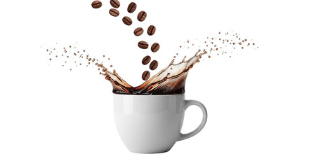Isolated mug filled with coffee and beans splashing, hot aromatic beverage concept
