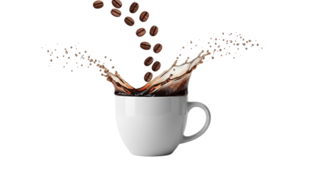 Isolated mug filled with coffee and beans splashing, hot aromatic beverage concept