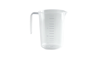 Clear plastic beaker with handle, graduated markings, used for measuring liquids