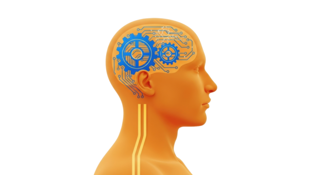 Isolated humanoid head with gears and circuit brain, artificial intelligence, technology concept