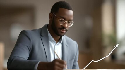 business student analyzing real world case study financial growth upward arrow illustration learning muted classroom buzz three quarter wide angle cinematic color correction gent - Powered by Adobe