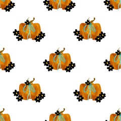 Seamless pattern with hand-drawn pumpkins and black flowers on a white background. Autumn and festive design perfect for textiles, wrapping paper, seasonal decor, and digital projects.
