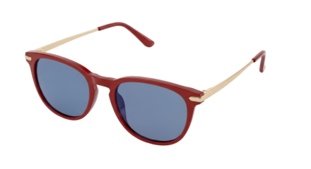 Isolated sunglasses with red frame and blue lenses, fashion eyewear with gold temples