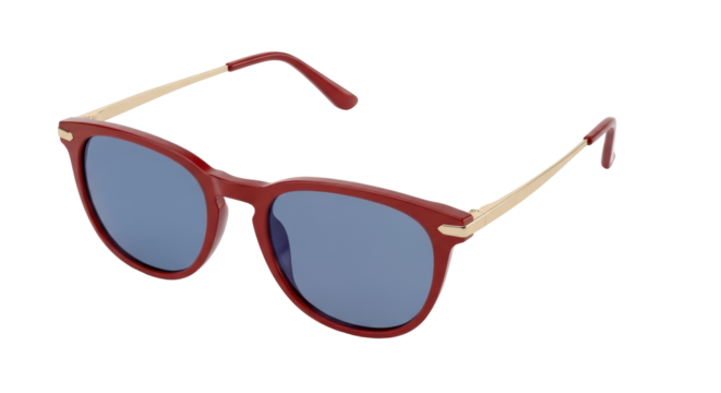 Isolated sunglasses with red frame and blue lenses, fashion eyewear with gold temples