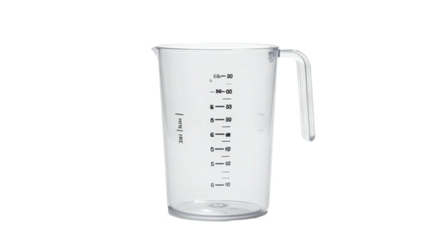 Clear plastic container with handle, used for measuring liquids, on black background