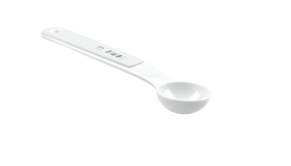 White plastic measuring spoon with a rounded bowl and numbered handle, angled