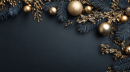 Elegant christmas decoration with golden ornaments and dark evergreen branches