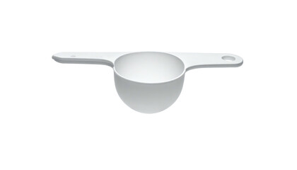 Overhead shot of a white, scoop-shaped measuring tool with a handle on black