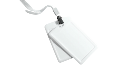 Two stacked, rectangular, white, blank identification tags attached to a lanyard