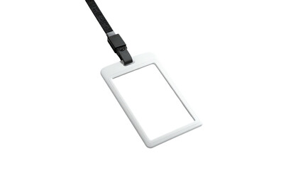 Glossy white ID badge with a dark lanyard, set against a stark black background