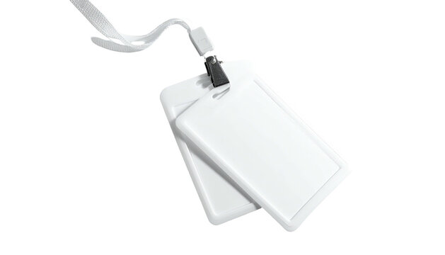 Two stacked, rectangular, white, blank identification tags attached to a lanyard
