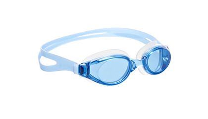 Light blue swimming goggles with adjustable strap and clear lenses against black backdrop