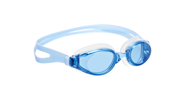 Light blue swimming goggles with adjustable strap and clear lenses against black backdrop