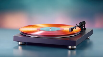 Stylish and Modern Turntable with Colorful Vinyl Record Spinning on a Smooth Surface, Perfect for Music Lovers and Retro Aesthetic Enthusiasts