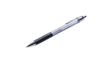 A sleek silver and black pen isolated against a black background, angled right