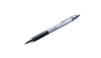 A sleek silver and black pen isolated against a black background, angled right