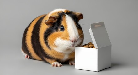 Adorable guinea pig enjoying a meal from a small white box on a neutral gray background