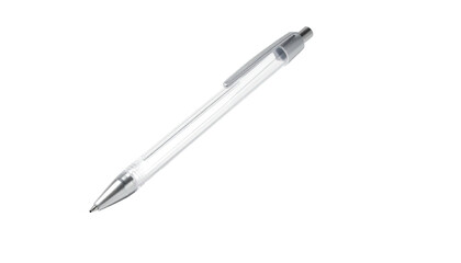 A clear, translucent pen angled diagonally on a stark black background