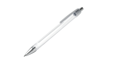 A clear, translucent pen angled diagonally on a stark black background