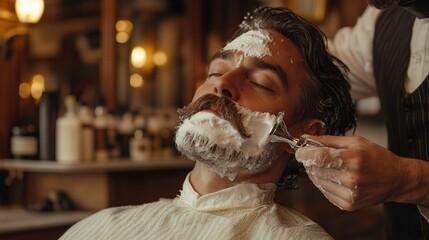 A man receives a classic shave at a barbershop using cream and a razor, with a retro atmosphere — suitable for articles about grooming traditions, men's grooming, and barbershop advertising.