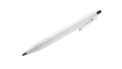 A white ballpoint pen, angled on a black background. Metallic tip and pocket clip visible