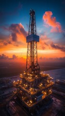 Obraz premium An oil rig at sunset, illuminated by lights, showcases the industrial landscape — for discussion of energy, industry, and environmental issues.