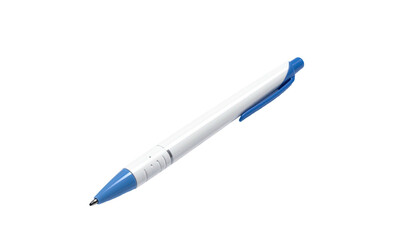 A white and blue retractable pen rests at an angle against a black background
