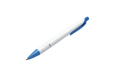 A white and blue retractable pen rests at an angle against a black background