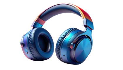 Glossy blue over-ear headphones with earcups, headband, and detailed controls