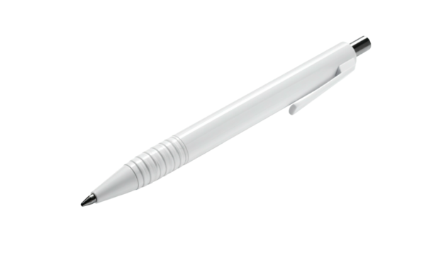 A white ballpoint pen, angled on a black background. Metallic tip and pocket clip visible