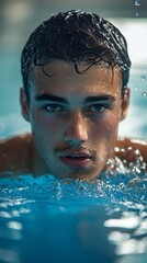 An athlete with wet hair in a swimming pool, ready to swim — for advertising sports clubs, articles about swimming, and healthy lifestyles.