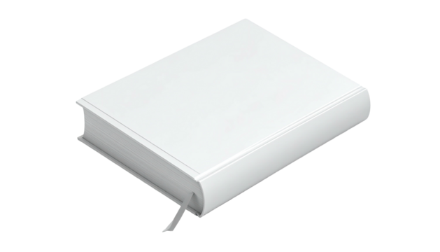 Isometric view of a closed, hardback book with a page marker on a black background