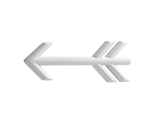 Silver arrow pointing left, with layered fletching and a beveled edge, on black