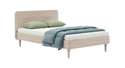 Isolated stylish bed with soft pillows and blanket for a comfortable night's sleep
