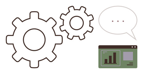 Two interlocking gears, a speech bubble, and a data analytics dashboard suggest teamwork, communication, and efficiency. Ideal for productivity, innovation, engineering, technology workflow