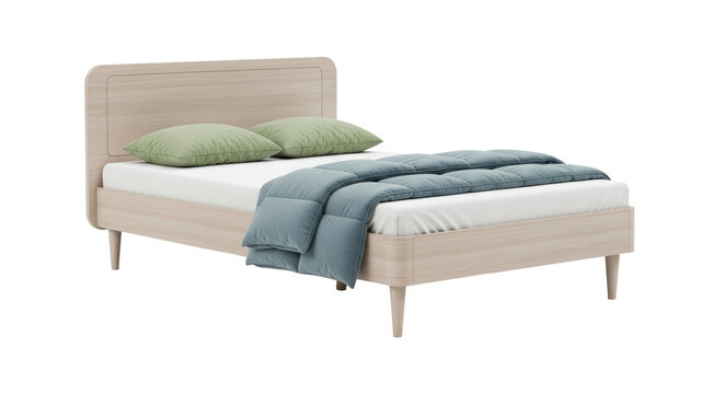 Isolated stylish bed with soft pillows and blanket for a comfortable night's sleep