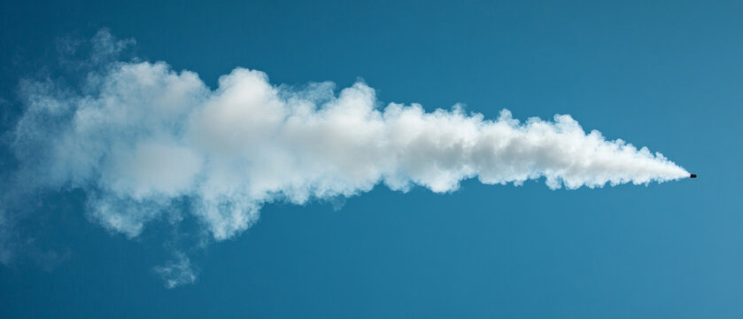 A rocket's condensation trail against a clear sky, useful for articles on space exploration, scientific publications, and educational materials.