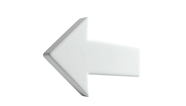 White, three-dimensional arrow, pointing left, against a black background, with shadows