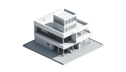 Isometric view of a modern, white, multi-level building with large windows