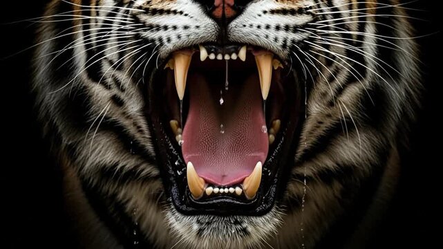 A Close-Up Dramatic Portrait of a Tiger's Roaring Mouth Filled With Sharp Teeth and Saliva