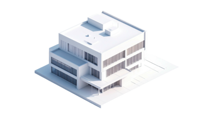 Isometric view of a modern white building with large windows and a flat roof