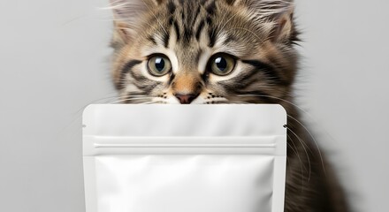 Adorable tabby kitten playfully holding a blank packaging pouch in a minimalist indoor setting