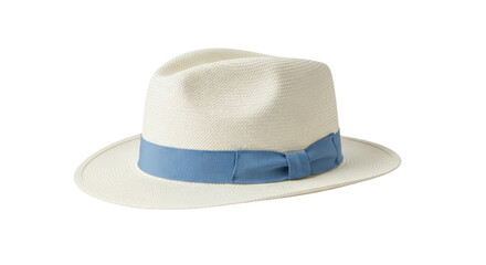 Isolated Panama hat made of straw with light blue ribbon for summer holidays and vacations