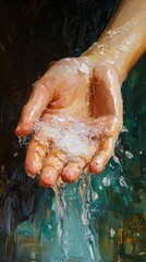 Fototapeta premium A hand under running water with white powder — an illustration of the process of washing or a cleansing ritual, relevant for articles on hygiene, religion, and cultural traditions.