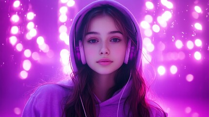 A young girl wearing headphones on a purple background with a bokeh effect, useful for designing music playlists, album covers, and advertising audio equipment.