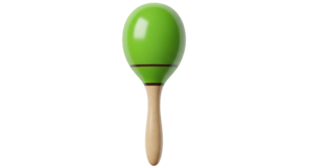 Isolated Latin percussion instrument of green maraca with wooden handle for kids or adults