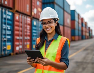 A woman wearing a safety vest and a hard hat is smiling while holding a tablet