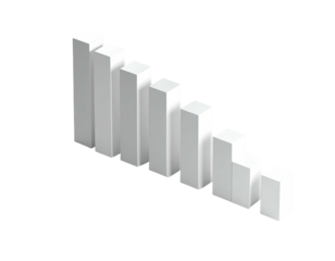 White 3D bar graph decreasing in height, on a black background, angled