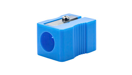 Isolated close-up of a vibrant blue rectangular pencil sharpener, side profile