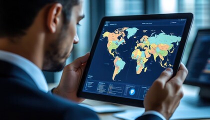 A man is holding a tablet with a map of the world on it